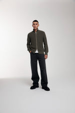 Engineered Zip Cardigan in Dusty Olive worn by male model