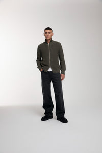 Engineered Zip Cardigan in Dusty Olive worn by male model