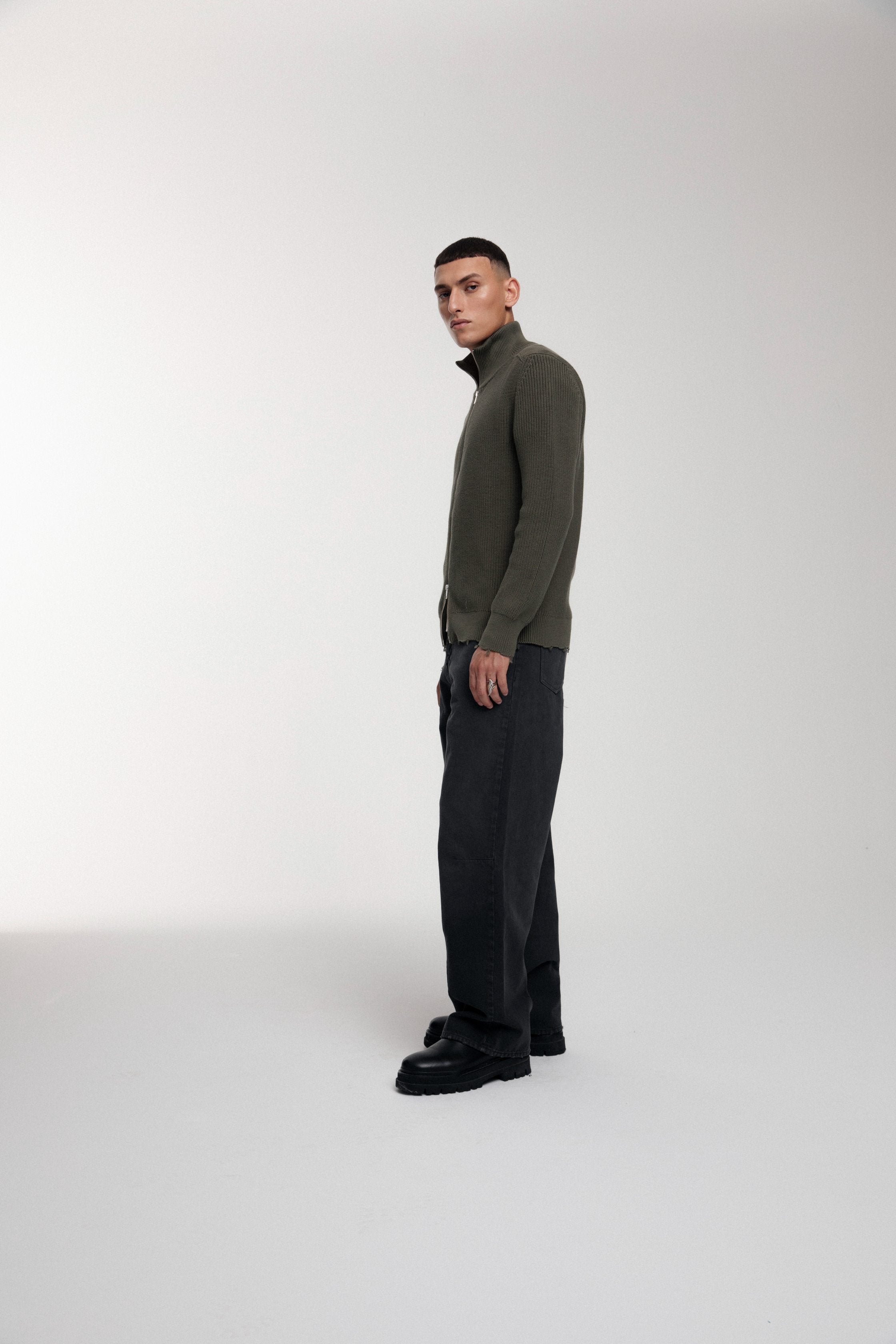 Engineered Zip Cardigan - Dusty Olive
