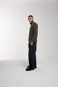 Engineered Zip Cardigan in Dusty Olive worn by male model