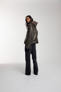 Boxy Hiker Leather Jacket in green worn by female model