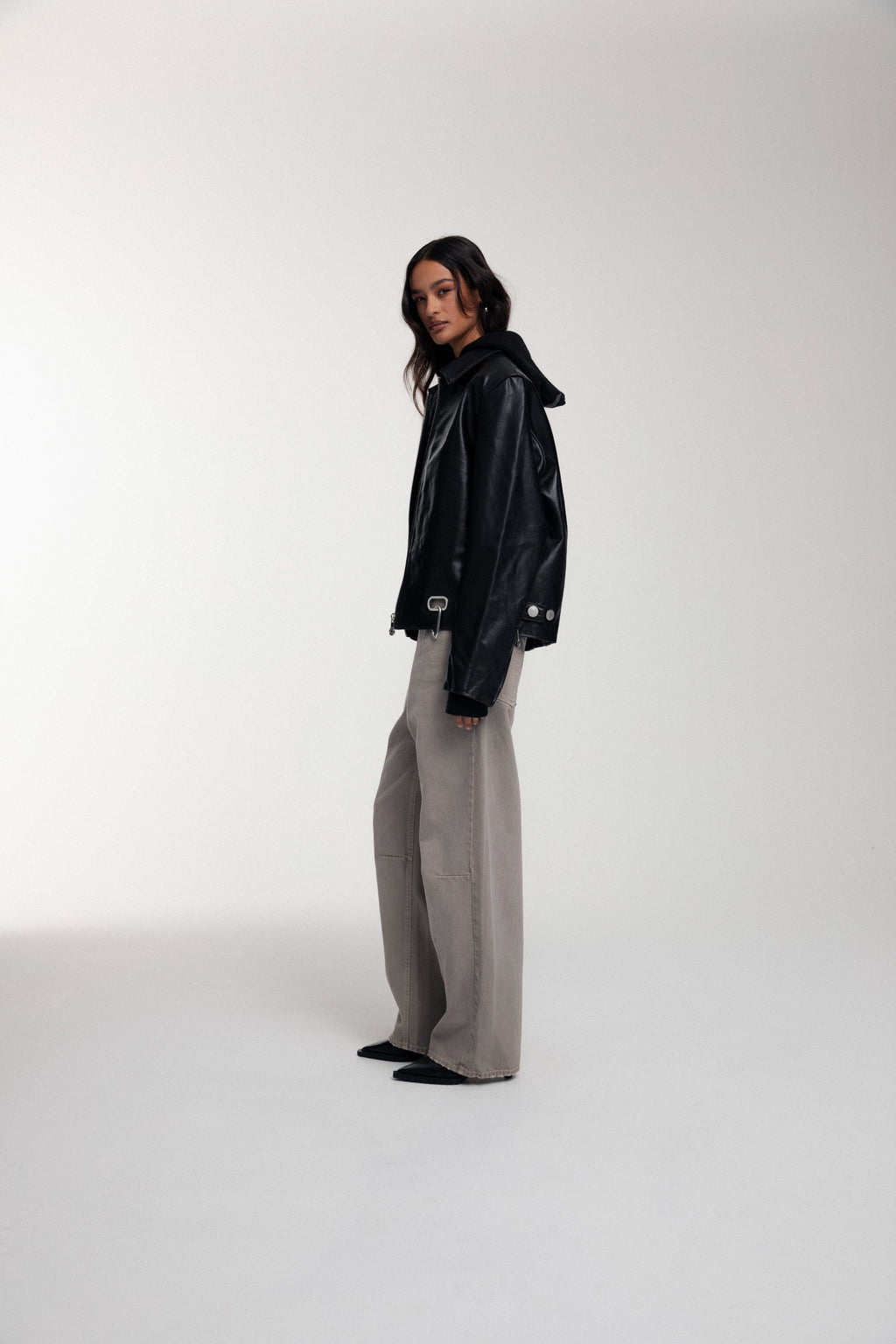 Boxy Hiker Leather Jacket - Black