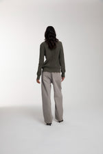 Engineered Zip Cardigan in Dusty Olive and Trace Cut Denim Jeans in Vintage Khaki worn by female model