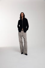 Engineered Zip Cardigan in Black worn by female model