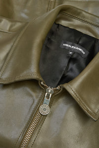 Boxy Hiker Leather Jacket in green — carabiner detail