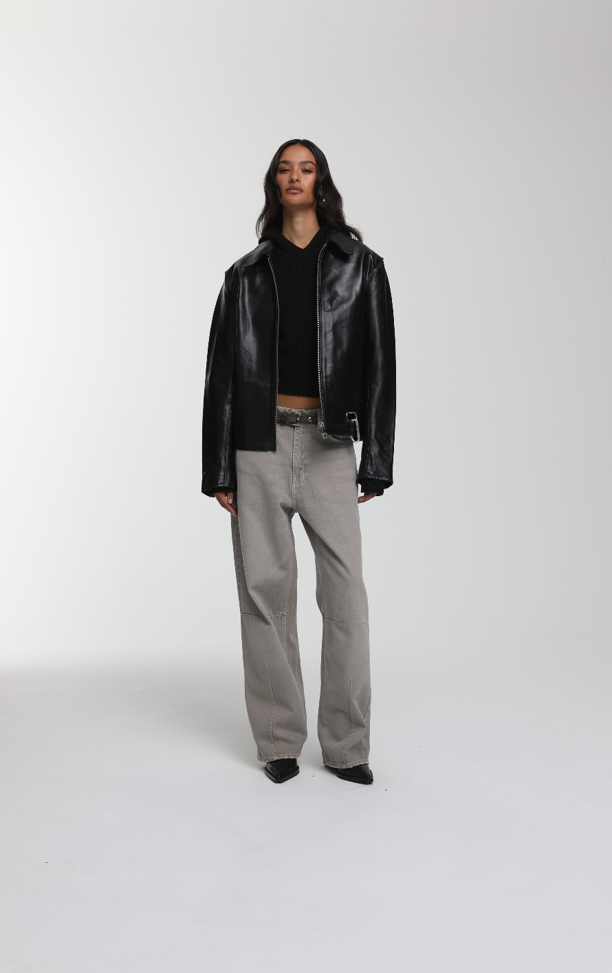 Boxy Hiker Leather Jacket - Black